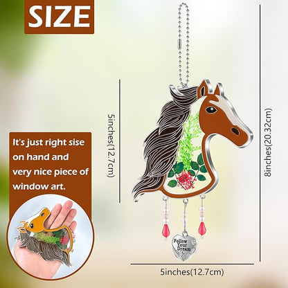 KY&BOSAM Horse Head Suncatcher Glass Hand-Painted Follow Your Dream Suncatchers Ornament hangings Wind Chime with Pressed Flower Horse Embedded in Glass Window Mother`s Day Birthdays…