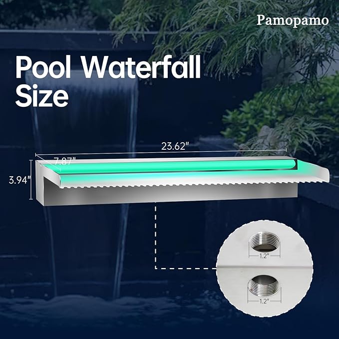 Pamopamo Pond Waterfall Spillway Stainless Steel Pool Fountain, APP Control LED Lighted Waterfalls Kit, Outdoor Water Flow Waterfalls Kit for Garden Patio Koi Pond Decoration-23.6"x7.8"x3.9"