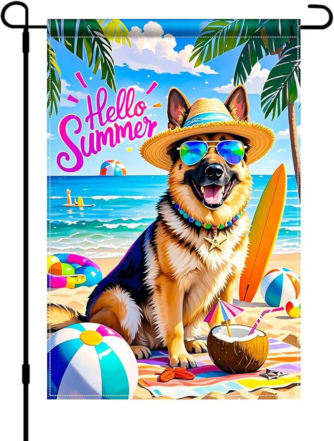HOMETITUTE Hello Summer Beach Garden Flag German Shepherd Dog Tropical Beach Flag 12x18 Inch Double Sided Yard Small Summer Flag For Outside Holiday Seasonal Outdoor