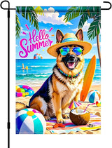 HOMETITUTE Hello Summer Beach Garden Flag German Shepherd Dog Tropical Beach Flag 12x18 Inch Double Sided Yard Small Summer Flag For Outside Holiday Seasonal Outdoor