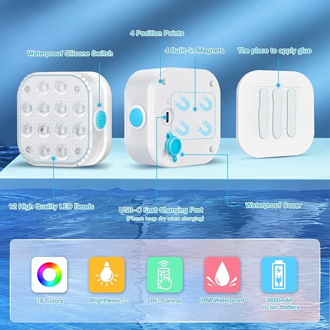 VIDOME Underwater Led Lights with Remote, IP68 Waterproof Magnet Floating Lights for Bathtubs, Ponds, Parties (1 Set)