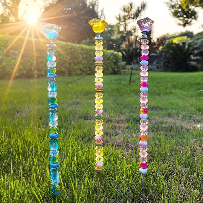 255Pcs Fairy Garden Accessories Outdoor Kit for Different Holidays, 12IN Fairy Wand Garden Stake Beads Kits with 225 Large Hole Beads, Beaded Garden Stake Kit (Crystal Flower)