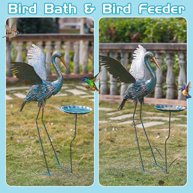 Heron Outdoor Statues with Leaf Tray, Large Crane Garden Statue for Outside, Elegant Metal Crane Yard Art Garden Decor for Garden Yard, Porch