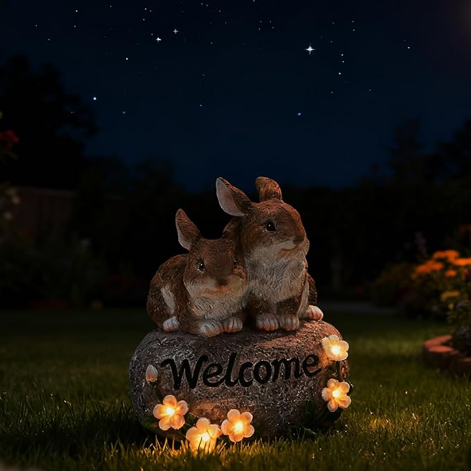 Solar Rabbit Garden Decor Outdoor Bunny Statue Welcome Sign Cute Resin Bunny Figurines for Yard Lawn Ornament Patio Porch Backyard Waterproof Decorative Gift for Women Bunny Lovers