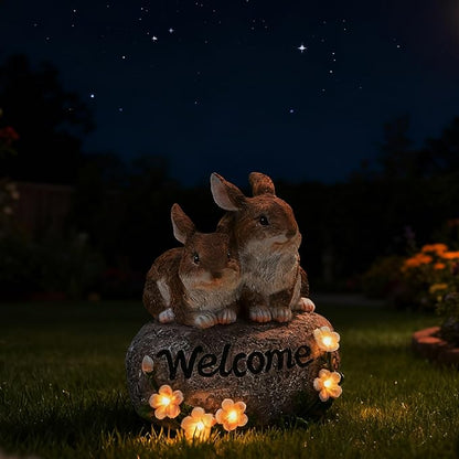 Solar Rabbit Garden Decor Outdoor Bunny Statue Welcome Sign Cute Resin Bunny Figurines for Yard Lawn Ornament Patio Porch Backyard Waterproof Decorative Gift for Women Bunny Lovers