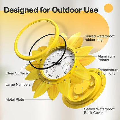 OCEST 24 Inch Indoor Outdoor Clock, Waterproof Large Wall Clock with Thermometer Hygrometer Combo, Silent Non-Ticking Battery Operated Decor for Patio Pool Porch Garden Garage