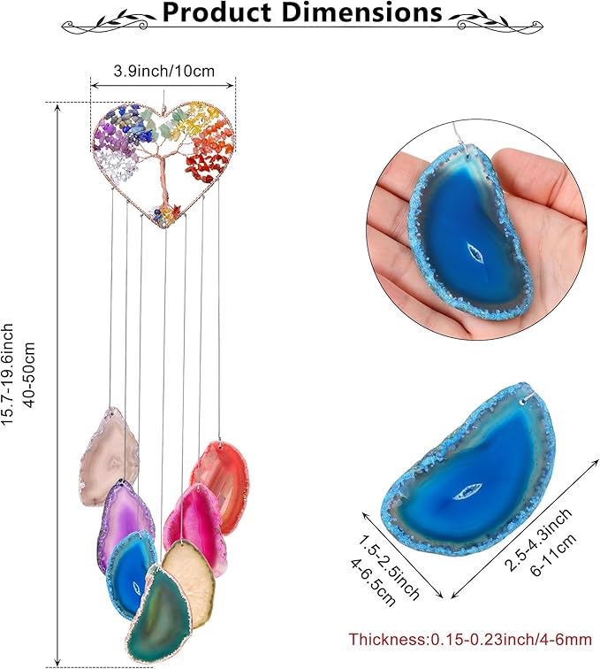 Yoption Heart Wind Chimes with Crystal Tree of Life Agate Slice for Home Wall Decor, 7 Chakra Natural Crystal Windchimes for Home Garden Decorative Ornament, Unique Gift