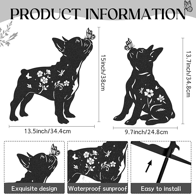 French Bulldog Garden Decor - 2 Pcs Metal Animal Statue Gifts Set for Dog Lover Black Yard Stakes Decorations with Butterfly Flower Silhouette Outdoor Sign Patio Lawn Pathway Art Ornaments