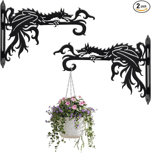 2 Pack-10inch Gothic Dragon Metal Wall Brackets for Hanging Plants, Outdoor Indoor Decorative Hooks for Hanging Plants, Bird Feeder, Wind Chime, Lantern