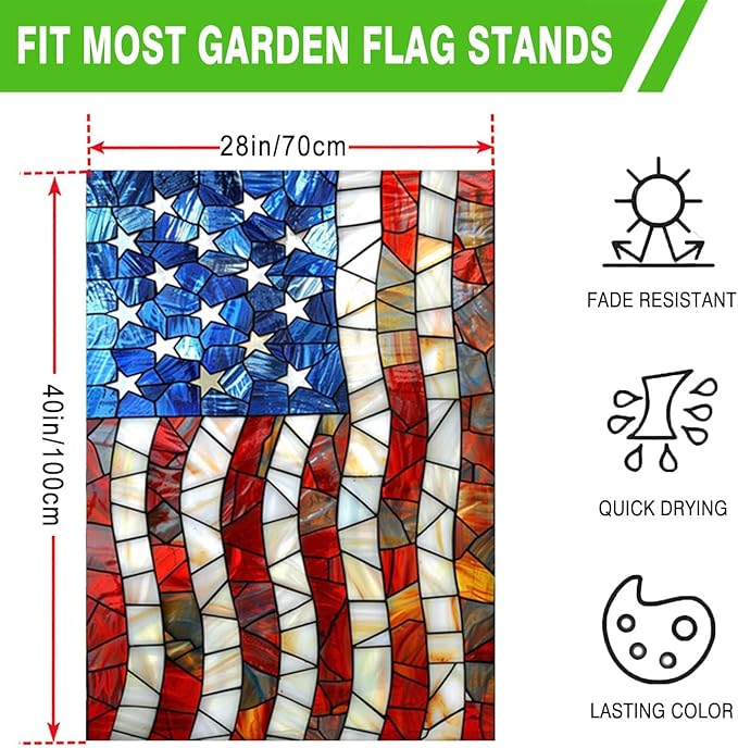 Patriotic House Flag 28x40 Inch Double Sided Stained Glass Large Yard Flag for Outside, Outdoor Burlap Garden Flag Summer Holiday Decorations