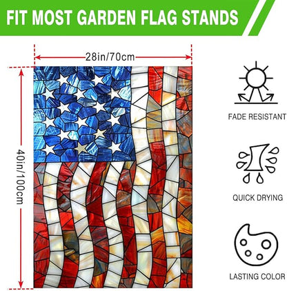 Patriotic House Flag 28x40 Inch Double Sided Stained Glass Large Yard Flag for Outside, Outdoor Burlap Garden Flag Summer Holiday Decorations