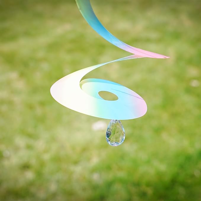In the Breeze 9157 — 8-inch Striped Iridescent Tear Drop Curlie with Crystal Spinner — Colorful Suncatcher Wind Spinner for Yards and Gardens with Plastic Crystal…