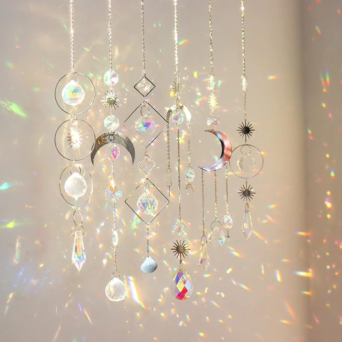 6Pieces Crystal Suncatchers for Window Hanging Sun Catcher with Chain Rainbow Maker Crystal Prisms Decor for Home Garden Party Wedding Ornament Gift Mother Daughter