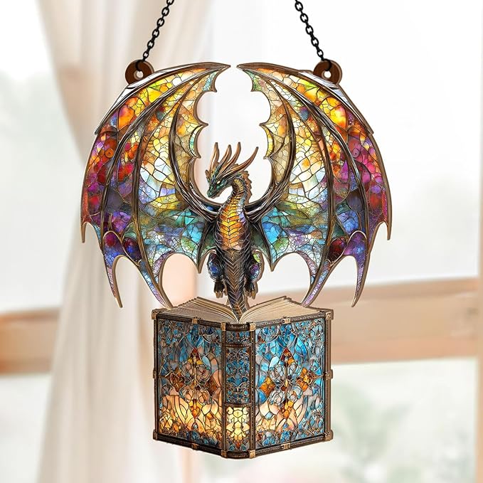 Jesuspirit - Window Hanging Suncatcher – Crystal Clear Acrylic & Wood Sun Catcher for Home Decor, for Women (I Am A Book Dragon, 6 Inches)