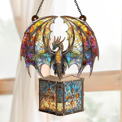 Jesuspirit - Window Hanging Suncatcher – Crystal Clear Acrylic & Wood Sun Catcher for Home Decor, for Women (I Am A Book Dragon, 6 Inches)