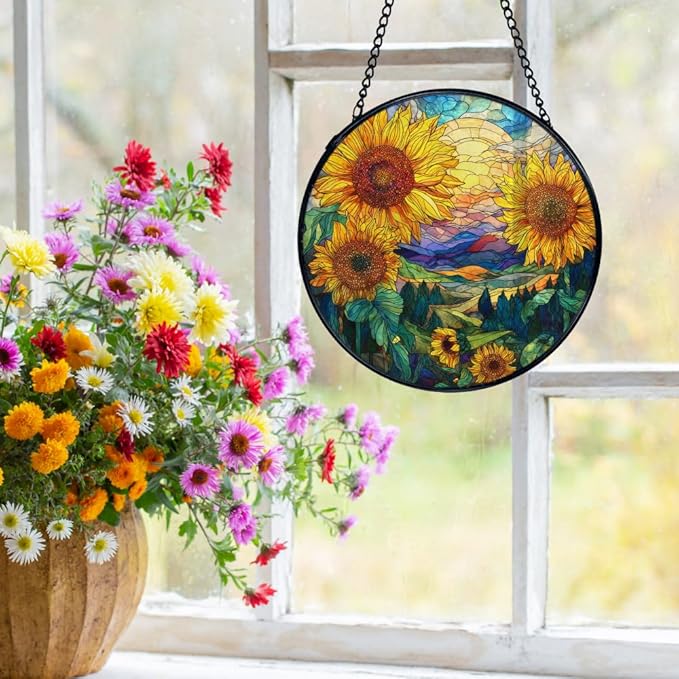 Sunflower Suncatchers Stained Glass Window Hanging, Rustic Cottagecore Flower Sun Catchers Indoor Window Glass Round Wall Decor, Sunflower Wall Hanging Decorations, 7.9x7.9in