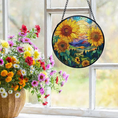 Sunflower Suncatchers Stained Glass Window Hanging, Rustic Cottagecore Flower Sun Catchers Indoor Window Glass Round Wall Decor, Sunflower Wall Hanging Decorations, 7.9x7.9in