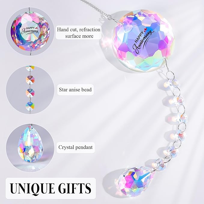 Happy Anniversary Crystal Suncatcher - Engraved Message, Sparkling Rainbow Decor for Home Bedroom Living Room, Complete Gift Set for Wife Girlfriend Her on Anniversary