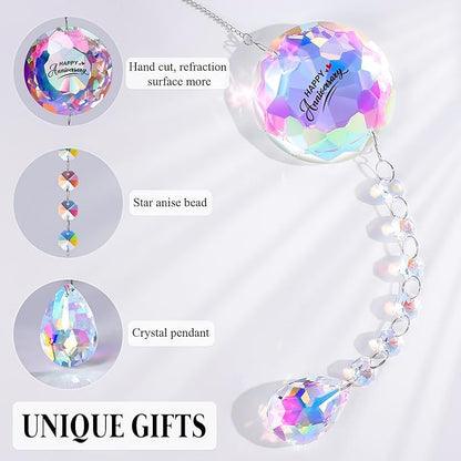 Happy Anniversary Crystal Suncatcher - Engraved Message, Sparkling Rainbow Decor for Home Bedroom Living Room, Complete Gift Set for Wife Girlfriend Her on Anniversary