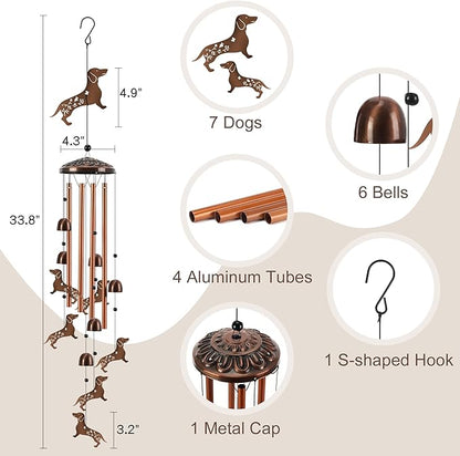 Dog Wind Chimes for Outside, Metal Dachshund Windchime with 4 Aluminum Tubes, Birthday Housewarming Gift for Women/Men/Mom/Dad, Memorial Wind Chime for Outdoor/Indoor, Patio, Garden, Yard, Home Decor