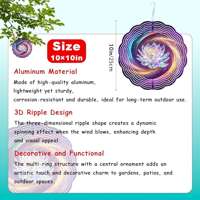 10x10 Crystal Lotus Flower Spinning Wind Chime Rainbow Galaxy Wind Spinner Outdoor Garden Decor Crystal Chimes Mother's Day Housewarming Gift