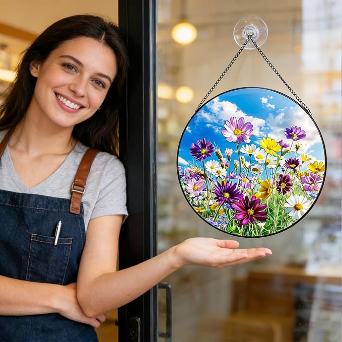 Wildflowers Stained Glass Suncatcher, Floral Suncatcher Wall Hanging,Cottagecore Wildflower Sun Catchers Indoor Window Round Glass Wall Art Decor,Gardening & Lawn Care 7.9"