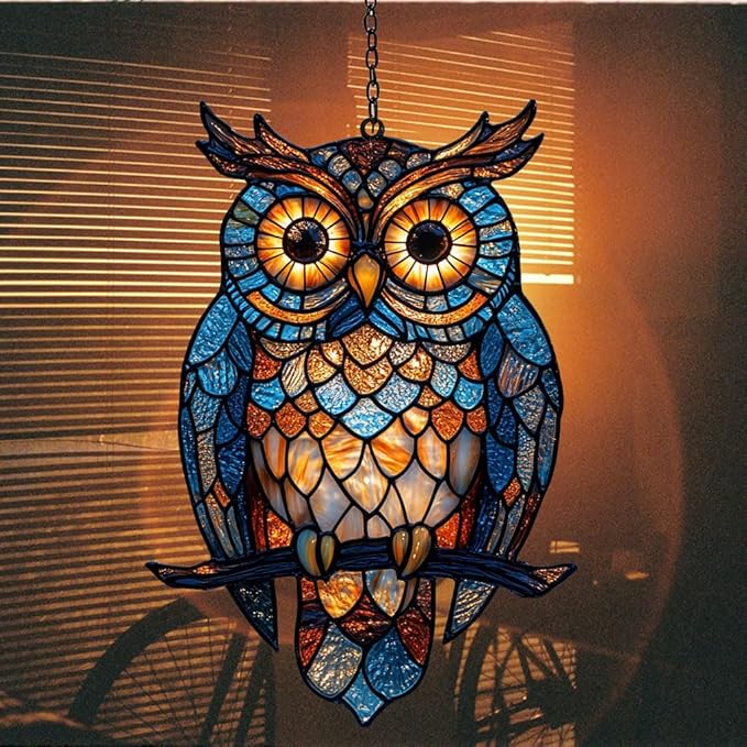 Night Owl Acrylic Suncatcher Stained Glass Effect Window Car Hanging Christmas Ornament Indoor Outdoor Decor Garden Sun Catcher Panel for Owl Lover for Women Mom Grandma