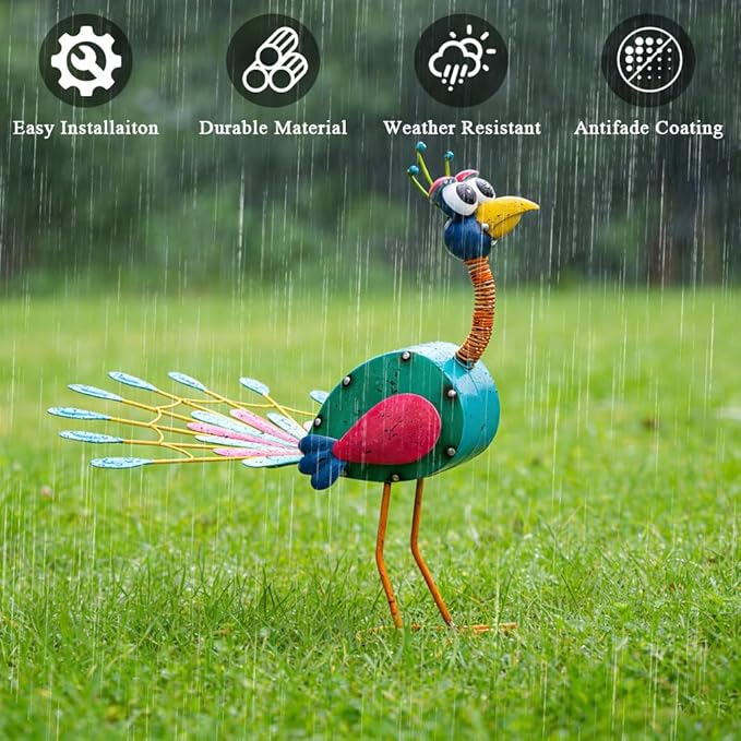 14'' Metal Peacock Garden Statues Outdoor Decor, Funny Peacock Decor Yard Sculptures Art Decoration for Patio Home Outsiede Lawn Backyard, Gift for Women Lovers Moms(Green & Red)