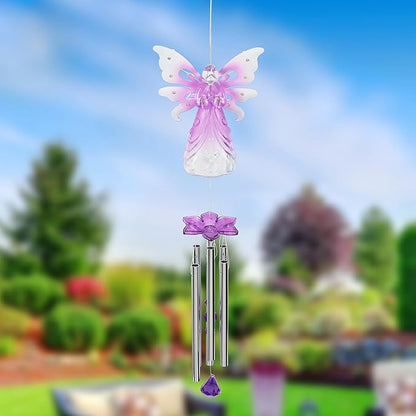 Exhart Wind Chimes, Solar Angel Wind Chime with Metal Wings, 13 LED Firefly Lights, Purple Acrylic Large Lawn and Yard Decoration, 6.5 x 4 x 42 Inch
