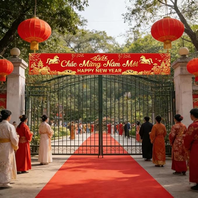 KYMY Vietnamese New Year Yard Banner 2026, Year of the Horse Lunar New Year Fence Sign 9.8 x 1.6 Ft, Tết Vietnam Outdoor Decoration Asian Spring Festival Background Backdrop