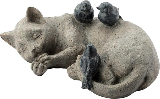 Napco Imports Decorative 11 x 7.5 Inch Indoor or Outdoor Sculpture Figurine Garden Statue Grey Sleeping Cat with Birds