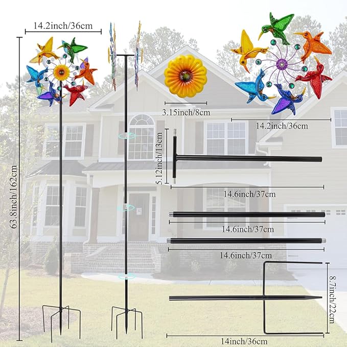 Wind Spinners Outdoor, Double-Sided Hummingbird Garden Windmill for Yard with 12 Colorful Bird Blades, Gemstone Decor Lawn Spinner, Unique Wind Spinners Art for Patio