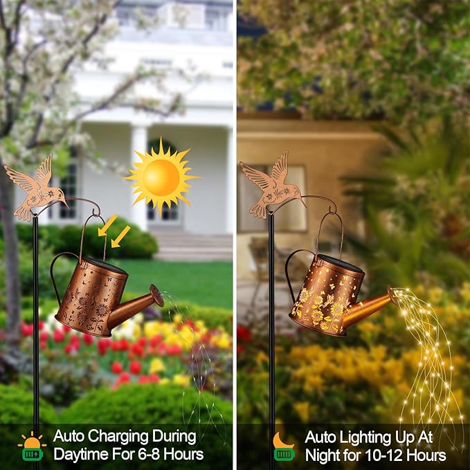 Gifts for Mom, Sunflower Butterfly Solar Lantern Outdoor Waterproof, Outside Metal Watering can Landscape Lights for Garden Yard Patio Decor Birthday Gifts for Women Grandma -with Pole