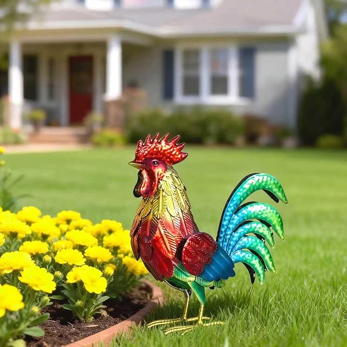 Natelf Metal Rooster Garden Statue Decor, Chicken Yard Art Standing Sculpture Lawn Ornament for Patio, Backyard, Kitchen, Home Decoration (red)