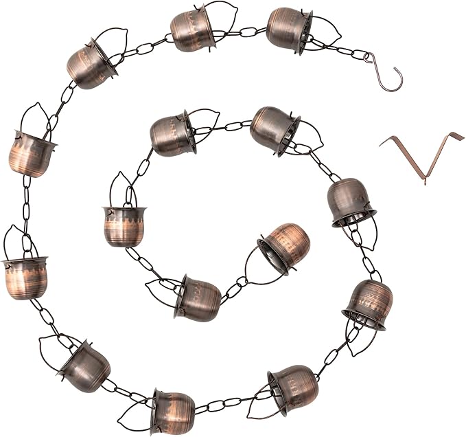 Glitzhome 8.5ft Rain Chain for Gutters 15-Piece Faux Copper Cup Shaped Catcher Replacement for Downpout