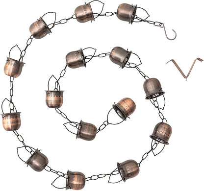 Glitzhome 8.5ft Rain Chain for Gutters 15-Piece Faux Copper Cup Shaped Catcher Replacement for Downpout