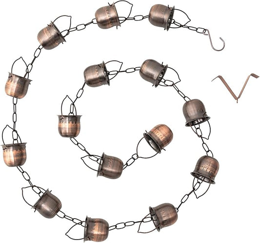 Glitzhome 8.5ft Rain Chain for Gutters 15-Piece Faux Copper Cup Shaped Catcher Replacement for Downpout