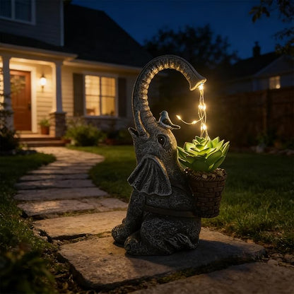 Solar Powered Garden Statue with LED Lights, Grey Stone Resin Elephant Planter, Decorative Outdoor Sculpture with Birds and Succulents,for Balcony, Garden, Patio, Yard, Lawn(Gray)