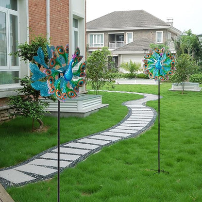 Wind Spinners Outdoor Peacock, 63 Inch Double-Sided Garden Windmill for Yard with 8 Blue Feather Blades, Large Metal Garden Wind Spinner