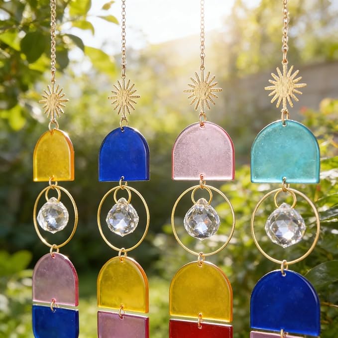 4 Pcs Colorful Acrylic Crystal Suncatchers Window Hanging Decor - Bohemian Crystal Wind Chime for Home, Bedroom, Living Room, Party Decoration