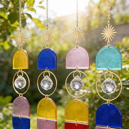 4 Pcs Colorful Acrylic Crystal Suncatchers Window Hanging Decor - Bohemian Crystal Wind Chime for Home, Bedroom, Living Room, Party Decoration