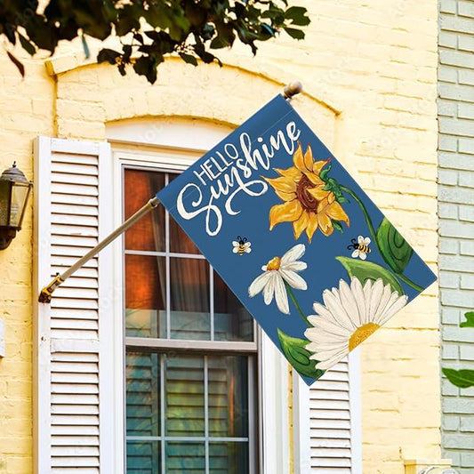 AVOIN colorlife Daisy Sunflower Hello Sunshine House Flag 28x40 Inch Double Sided, Summer Seasonal Holiday Burlap Yard Outdoor Decoration Blue