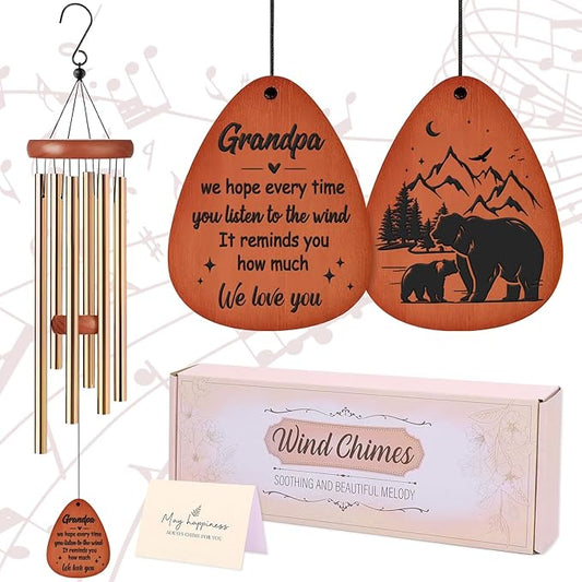 Grandpa Gifts Wind Chimes - Metal Windchimes with Card Indoor Outdoor Hanging Decor Appreciation Christmas New Year Grandparents Day Retirement Birthday Gift for Grandfather from Grandkids