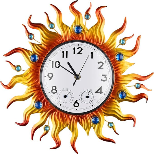 Outdoor Clock Thermometer Combo, Sun Outdoor Wall Clock, Silent Non-Ticking Outdoor Clocks Waterproof for Patio, Garden