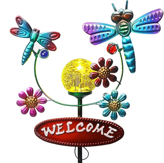 Solar Garden Stakes Metal Welcome Signs for Outside 30.3', 2 Flying Dragonflies with Cracked Glass Ball,Decorative Garden Stakes for Lawn, Patio, Dragonfly Gifts for Women