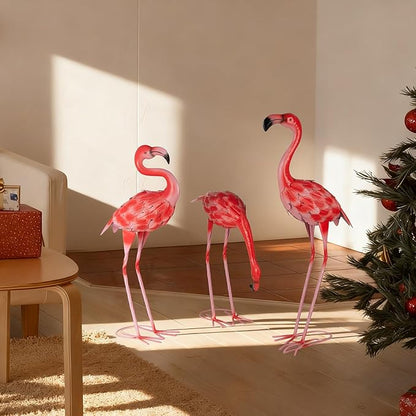XONOR 3Pcs Flamingo Garden Statues Metal Flamingo Yard Art Outdoor Statues Sculptures for Home Patio Lawn Backyard Décor(Pink&Red)