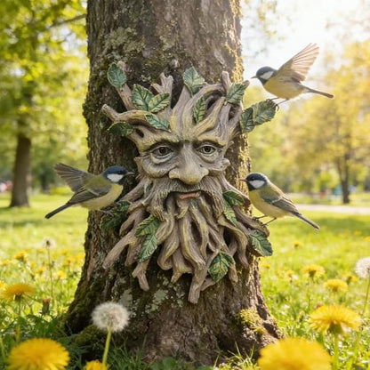 Whimsical Tree Face Garden Decoration ，Tree Faces Decor Outdoor Wallmounted Statue Art with Leaf Features, Outdoor Decor Garden Accessory (Nature and Outdoors)