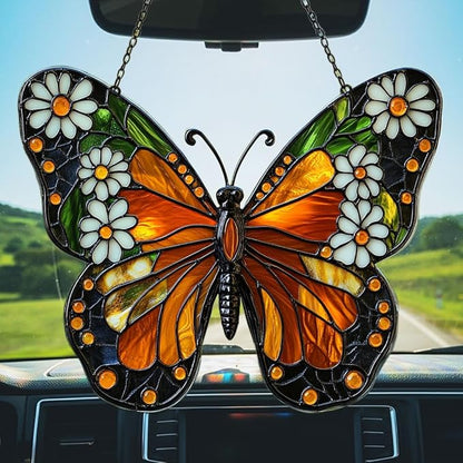 Floral Monarch Acrylic Suncatcher Stained Glass Effect Window Car Hanging Christmas Ornament Indoor Outdoor Decor Garden Sun Catcher Panel for Butterfly Lover for Women Mom Grandma