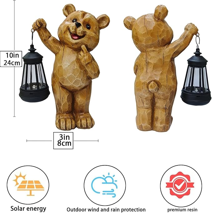 Solar Garden Statues Bear Figurine Outdoor Lights, Resin Yard Decorations Outdoor, Garden Decor Unique Birthday Housewarming Gifts for Mom (Bear 1)
