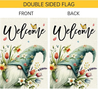 Welcome Spring Summer Tulip Garden Flag Flowers Butterfly Garden Flags 12x18 Inch Burlap Double Sided Gnome Colorful Floral Small Lawn Yard Outside Rustic Farmhouse Holiday Decorations Flags